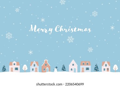 Christmas vector background with houses and trees in snow for banners, cards, flyers, social media wallpapers, etc.