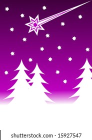 Una ilustración vectorial de navidad con árboles de navidad en un nevado primer plano con un cielo violeta estrellado con una estrella fugaz. Con espacio para el texto