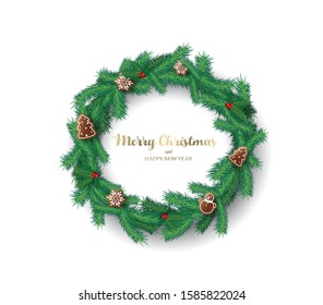 Christmas vector background illustration with Christmas wreath created with pine tree branches.