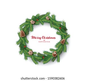 Christmas vector background illustration with Christmas wreath created with pine tree branches.
