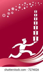 Christmas vector background of a man running with gifts