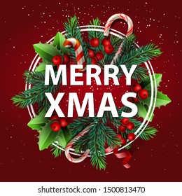 Christmas vector background. Merry Xmas sale, holiday web banner. Design christmas decorations green pine branches and holly berry
