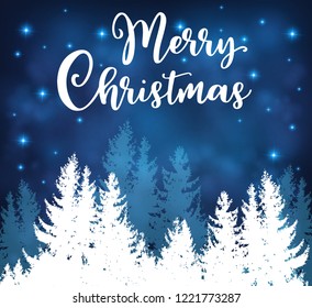 Christmas vector background with night winter snowy landscape. New Year greeting card with fir tree.