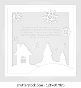 Christmas vector background with paper illustrations. EPS10. Square frame in paper style with a winter country landscape.