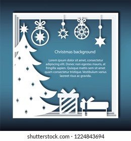Christmas vector background with paper illustrations. EPS10. Square frame in paper style with a winter country landscape.
