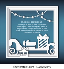 Christmas vector background with paper illustrations. EPS10. Square frame in paper style with  winter sleigh and Christmas gifts.Winter template for sale.