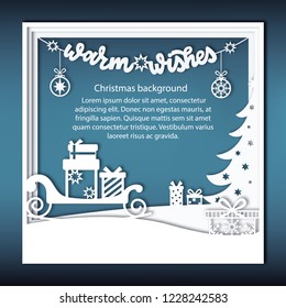 Christmas vector background with paper illustrations. EPS10. Square frame in paper style with  winter sleigh and Christmas gifts.Winter template for sale.