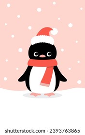 Christmas vector background with a penguin with santa hat in snow for banners, cards, flyers, social media wallpapers, etc.