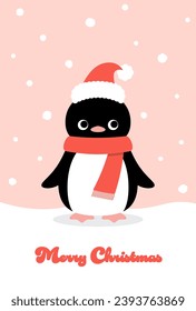 Christmas vector background with a penguin with santa hat in snow for banners, cards, flyers, social media wallpapers, etc.