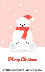 Christmas vector background with a polar bear with santa hat in snow for banners, cards, flyers, social media wallpapers, etc.