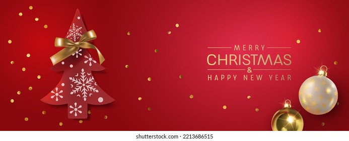 Christmas vector background with realistic decorative tree and golden decorations. Holiday and greeting season banner or card with isoldated elements
