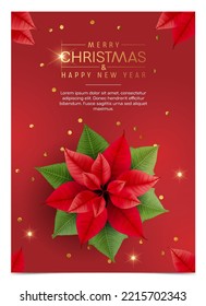 Weihnachtsvektorhintergrund mit realistischer dekorativer Blume und Textdesign. Holiday- und Grußsaison-Banner, vertikale Karte oder Vorlagenartikel mit isolierten Elementen