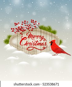 Christmas vector background with red berries, green fir branch and cardinal bird. Merry Christmas lettering. Design for greeting card.