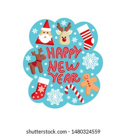 Christmas vector background with santa claus, gingerbread man, deer, snowflakes, christmas socks.Template for new year card
