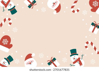 Fundo de vetor de Natal com Papai Noel, boneco de neve, caixa de presente, cana de doces e luvas