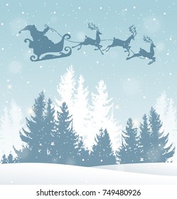 Christmas vector background with Santa Claus and winter snowy landscape. New Year greeting card