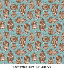 Christmas vector background. Seamless winter pattern. Gingerbread Village. On a blue background - gingerbread houses and stars. Hand drawn in the style of cartoon. For textiles, paper, fabric.