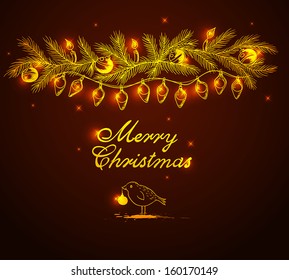 Christmas  vector background with shining garland and bird