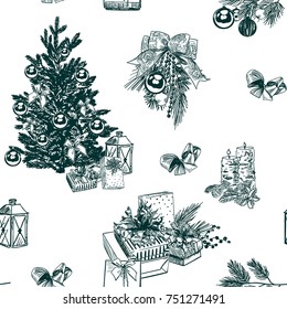 christmas vector background sketch set engraving 