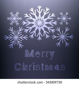 Christmas vector background. Snowflakes different sizes and shapes on a blue background. Merry Christmas ins?ription.