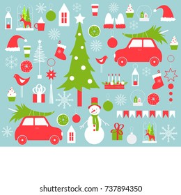 Christmas vector background with snowman, cars and Christmas tree.