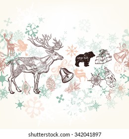 Christmas vector background in soft colors with snowflakes and animals