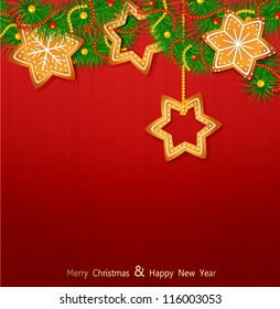 Christmas vector background with sweets and Christmas tree on the red background