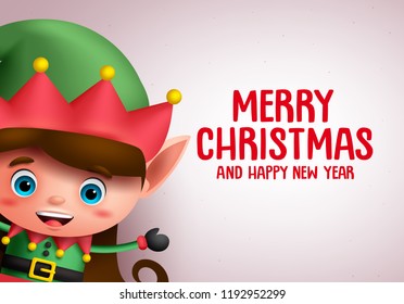 Christmas vector background template with girl elf character showing merry christmas greeting in white background. Vector illustration.
