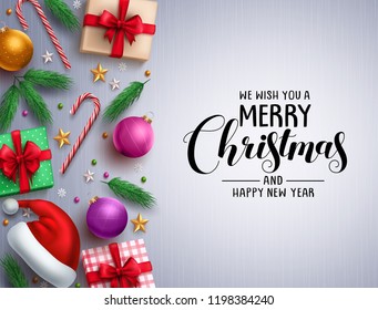Christmas vector background template. Merry christmas greeting typography in a white space with colorful elements and decorations. Vector illustration.
