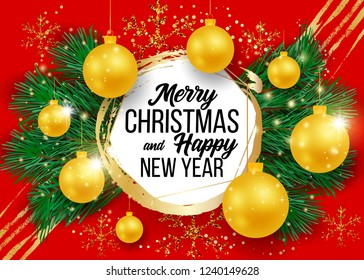 Christmas vector background template with merry christmas greeting text in white space and colorful elements like tree, gift and balls on background. Vector illustration.
