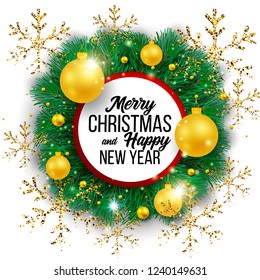 Christmas vector background template with merry christmas greeting text in white space and colorful elements like tree, gift and balls on background. Vector illustration.