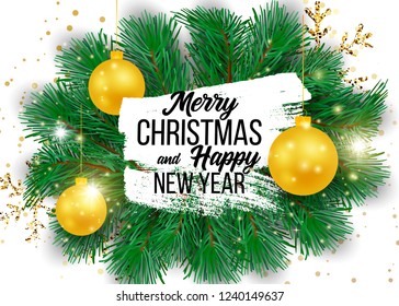 Christmas vector background template with merry christmas greeting text in white space and colorful elements like tree, gift and balls on background. Vector illustration.