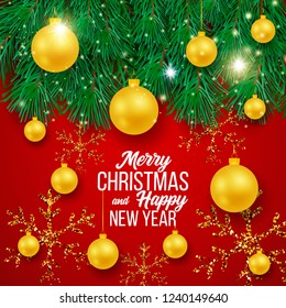 Christmas vector background template with merry christmas greeting text in white space and colorful elements like tree, gift and balls on background. Vector illustration.