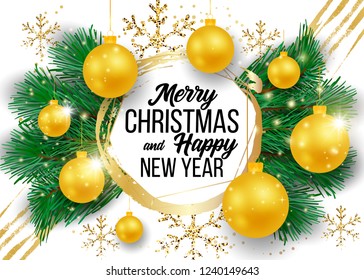 Christmas vector background template with merry christmas greeting text in white space and colorful elements like tree, gift and balls on background. Vector illustration.