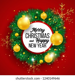 Christmas vector background template with merry christmas greeting text in white space and colorful elements like tree, gift and balls on background. Vector illustration.