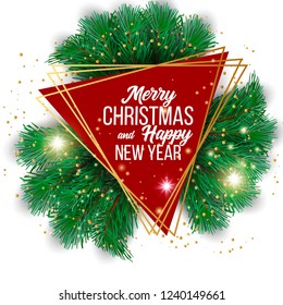 Christmas vector background template with merry christmas greeting text in white space and colorful elements like tree, gift and balls on background. Vector illustration.