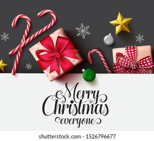 Christmas vector background template. Merry christmas typography text in white empty space for text and messages with decoration elements of xmas gift, candy cane, balls, snowflakes and stars in black