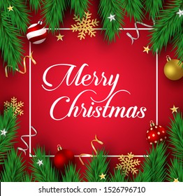 Christmas vector background template. Merry christmas typography text in empty frame and border for space for text and messages with xmas decoration of pine leaves, balls, snowflakes, confetti.