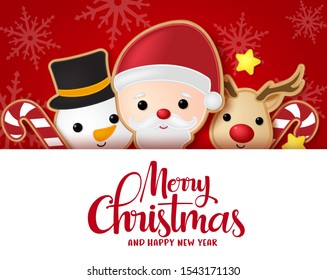 Christmas vector background template. Merry chistmas greeting card text in empty white space for messages with santa, snowman, reindeer, candy cane and star gingerbread cookie elements in red.
