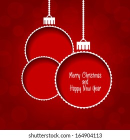 Christmas vector background - three baubles on red, text
