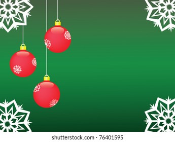 christmas vector background with three red balls and snowflakes in corners