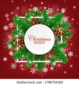 
Christmas vector background with Christmas tree branches and snowflakes. Frame design for the holidays.