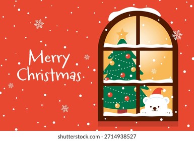 Fondo de Vector de Navidades con árbol de Navidad y oso polar mirando la nieve que cae por la ventana