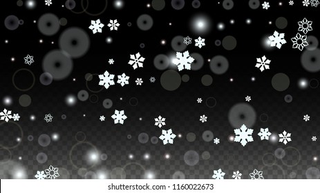 Christmas  Vector Background with White Falling Snowflakes Isolated on Transparent Background. Luxury Snow Sparkle Pattern. Snowfall Overlay Print. Winter Sky. Design for  Christmas Sale.