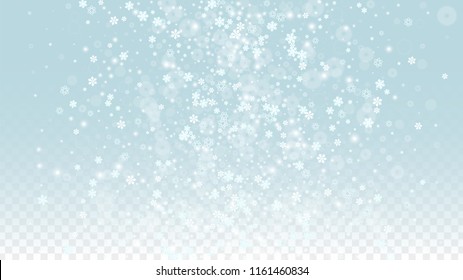 Fondo vectorial de Navidad con copos de nieve blancos caídos aislados en un fondo transparente. Patrón de espuma de nieve de fantasía. Impresión superpuesta de nieve. Cielo invernal. Diseño de afiche.