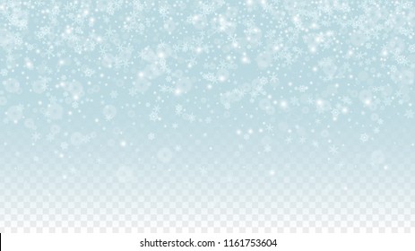 Christmas  Vector Background with White Falling Snowflakes Isolated on Transparent Background. Realistic Snow Sparkle Pattern. Snowfall Overlay Print. Winter Sky. Design for  Poster.
