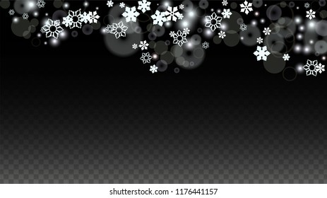 Christmas  Vector Background with White Falling Snowflakes Isolated on Transparent Background. Luxury Snow Sparkle Pattern. Snowfall Overlay Print. Winter Sky. Design for  Christmas Sale.