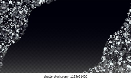 Christmas  Vector Background with White Falling Snowflakes Isolated on Transparent Background. Fantasy Snow Sparkle Pattern. Snowfall Overlay Print. Winter Sky. Design for  Christmas Sale.