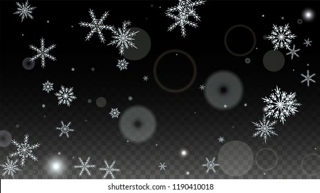 Christmas  Vector Background with White Falling Snowflakes Isolated on Transparent Background. Festival Snow Sparkle Pattern. Snowfall Overlay Print. Winter Sky. Design for  Party Invitation.