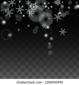 Christmas  Vector Background with White Falling Snowflakes Isolated on Transparent Background. Festival Snow Sparkle Pattern. Snowfall Overlay Print. Winter Sky. Design for  Party Invitation.